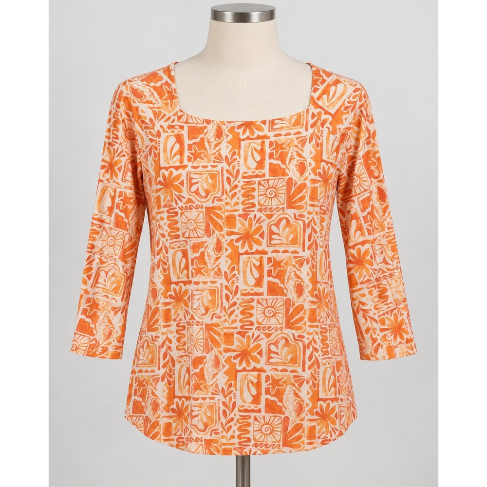 Ruby Rd Petite Orange White Tropical Shell Print Square Neck Top PXL